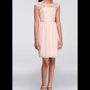 DAVID'S BRIDAL Petal Pink Short Lace Mesh and Chiffon Dress
